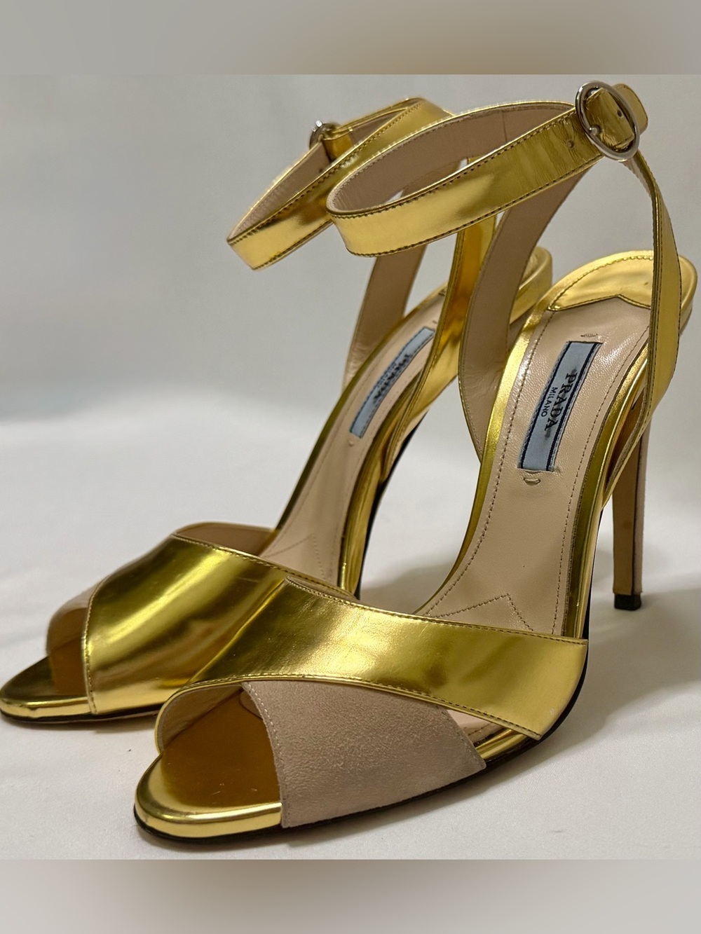 Prada Platino Metallic Gold Leather Suede Ankle Strap Sandals Heels 37.5 Italy